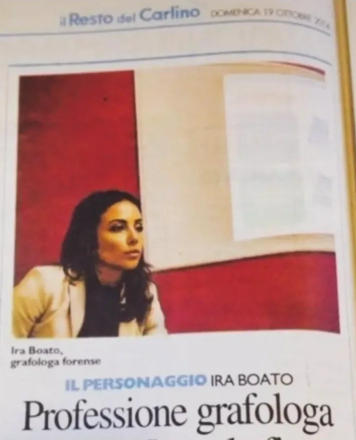 Pagina del Resto del Carlino: «Il personaggio Ira Boato. Professione grafologa»