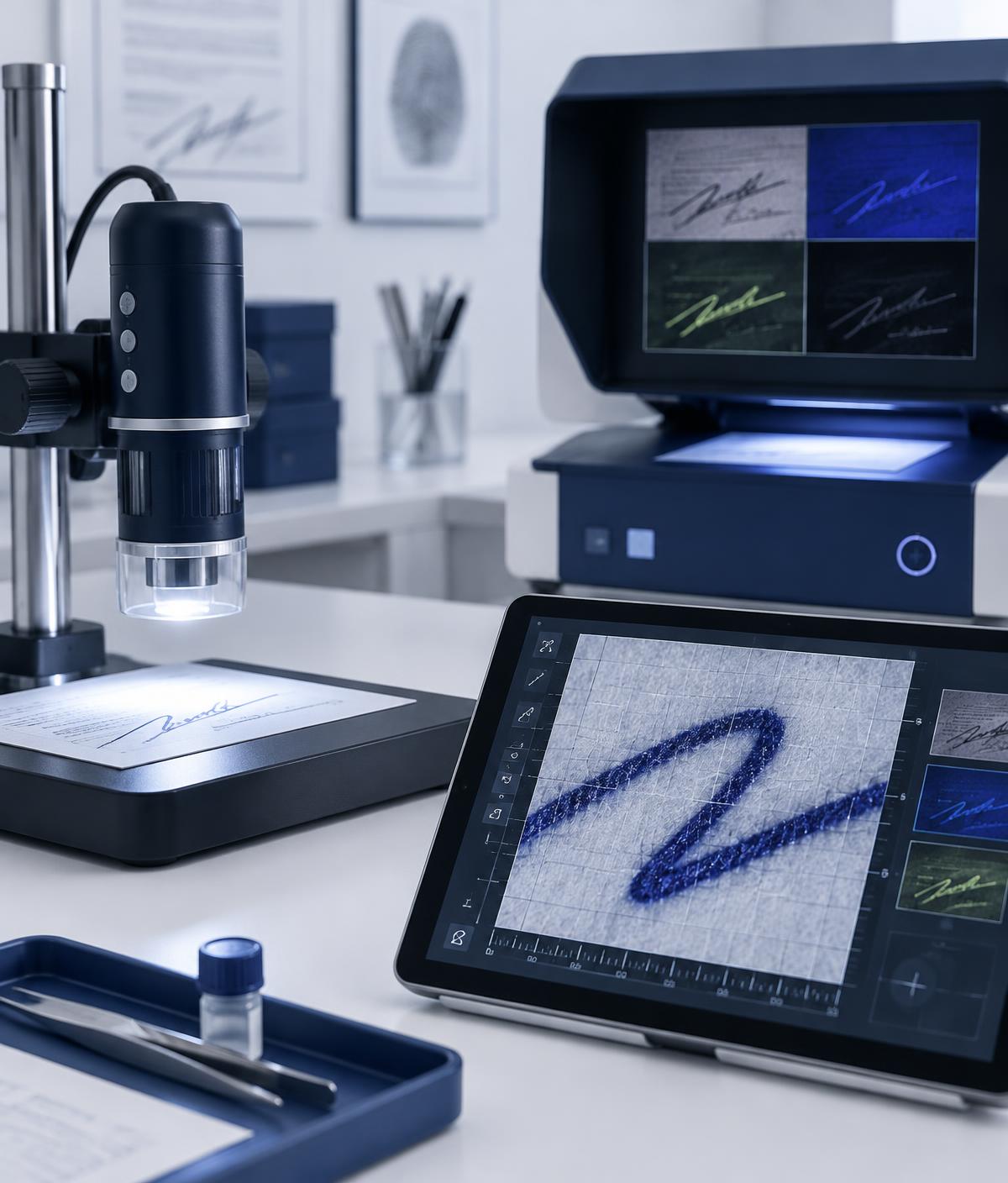 Microscopio digitale su supporto e tablet con griglia di misurazione del tratto