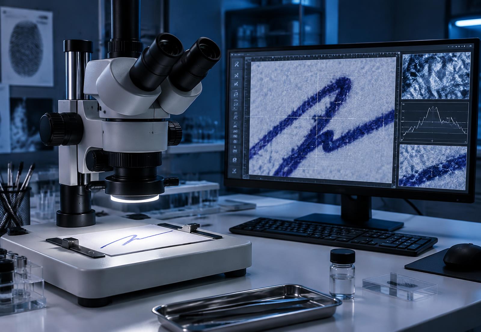 Microscopio stereoscopico con monitor che mostra l'ingrandimento del tratto di una firma